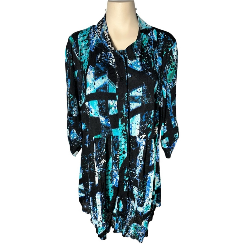 Style & Co. Teal and Black Abstract Blouse